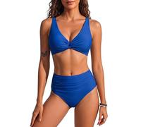 HORISUN High Waist Bauchweg Bikini Set für Damen mit Twist Front V Ausschnitt gepolsterten Einlagen Raffungen Rückenbindung verstellbaren Trägern Zweiteiliger Badeanzug ohne Bügel Königsblau S