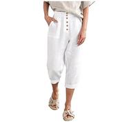 Hose Damen Caprihose Casual Einfarbige Sieben-Punkte-Hose Baumwoll Leinen Sommerhose mit Elastischem Bund Lockere Weitem Bein Hosen Heimhose Trainingshose Outdoorhose Freizeithose Für Frauen