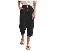 Hose Damen Caprihose Casual Einfarbige Sieben-Punkte-Hose Baumwoll Leinen Sommerhose mit Elastischem Bund Lockere Weitem Bein Hosen Heimhose Trainingshose Outdoorhose Freizeithose Für Frauen