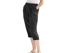 Hose Damen Caprihose Lässige Einfarbige Baumwoll Leinen Kurze Hose Elastische Taille Sommerhose Lockere Weitem Bein Hosen Kurz geschnittene Hosen Trekkinghose Outdoorhose Chinohose Für Frauen