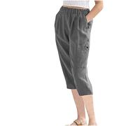 Hose Damen Caprihose Lässige Einfarbige Baumwoll Leinen Kurze Hose Elastische Taille Sommerhose Lockere Weitem Bein Hosen Kurz geschnittene Hosen Trekkinghose Outdoorhose Chinohose Für Frauen