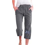 Hose Damen Caprihose Lässige Libelle Muster Baumwoll Leinen Kurze Hose Sommerhose mit Elastischem Bund Alltag Weitem Bein Hosen Kurz geschnittene Hosen Trainingshose Latzhose Strandhose Für Frauen