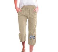 Hose Damen Caprihose Lässige Libelle Muster Baumwoll Leinen Kurze Hose Sommerhose mit Elastischem Bund Alltag Weitem Bein Hosen Kurz geschnittene Hosen Trainingshose Latzhose Strandhose Für Frauen