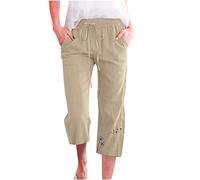 Hose Damen Caprihose Lässige Löwenzahn Kurze Hose Baumwoll Leinen Elastische Taille Sommerhose Lockere Weitem Bein Hosen Kurz geschnittene Hosen Arbeitshose Outdoorhose Strandhose Für Frauen