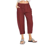 Hose Damen Elegant Schlupfhose Damen Kurzgröße Schlafhose Damen Elastische Taille Einfarbiges Tunnelzug 7/8 Hose Mit Taschen Baumwoll Leinen Locker Chino Hose Leicht Stoffhose Chinohose Damen (Rot, M)