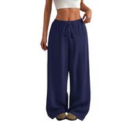 Hose Damen Leinen Sommer Leicht Freizeithose Weites Bein Palazzo Casual Stoffhose Einfarbig Luftig Lang mit Kordelzug Taschen