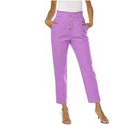 Hose Damen Stretch Jogpants Damen Elegant Kurze Hosen Damen Sommer High Waist Einfarbiges Knopfleiste 7/8 Hosen Mit Taschen Baumwoll Leinen Locker Chino Hose Leicht Stoffhose Damenhosen (Lila, Xl)