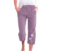 Hose Für Damen Caprihose Casual Löwenzahn Druck Sieben-Punkte-Hose Baumwoll Leinen Sommerhose mit Elastische Taille Alltag Weitem Bein Hosen Heimhose Trainingshose Wanderhose Frauen Freizeithose