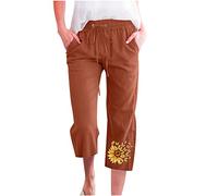 Hose Für Damen Caprihose Vintage Sonnenblume Muster Baumwoll Leinen Sieben-Punkte-Hose Sommerhose mit Elastische Taille Alltag Weitem Bein Hosen Heimhose Trekkinghose Outdoorhose Frauen Strandhose