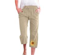 Hose Für Damen Caprihose Vintage Sonnenblume Muster Baumwoll Leinen Sieben-Punkte-Hose Sommerhose mit Elastische Taille Alltag Weitem Bein Hosen Heimhose Trekkinghose Outdoorhose Frauen Strandhose