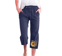 Hose Für Damen Caprihose Vintage Sonnenblume Muster Baumwoll Leinen Sieben-Punkte-Hose Sommerhose mit Elastische Taille Alltag Weitem Bein Hosen Heimhose Trekkinghose Outdoorhose Frauen Strandhose