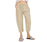 Hose Mit Seitentaschen Damen Paperbag Hosen Damen Hosenrock Damen Lang Elastische Taille Einfarbiges Tunnelzug 3/4 Hose Mit Taschen Locker Chino Hose Leicht Stoffhose Anzughose Damen (Khaki Xxl)