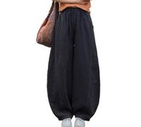 Hose mit weitem Bein, Baumwoll-Leinen, elastische Taille, lässige Laterne, weite Hose für Damen, Schwarz, Einheitsgröße