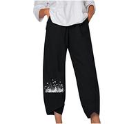 Hose Mit Weitem Bein Damen Cargohose Damen Schwarz Damenhosen Kurzgrößen Stretch Elastische Taille Löwenzahn Druck Stretch 7/8 Hosen Mit Taschen Tunnelzug Locker Palazzo Hose Freizeithose Schwarz L