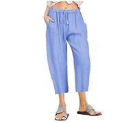 Hose Schwarz Damen Elegant Schwarze Hose Damen Stoffhose Damen Weites Bein Elastische Taille Einfarbiges Tunnelzug 3/4 Hose Mit Taschen Locker Chino Hose Leicht Stoffhose Damen Jeans (Blau S)