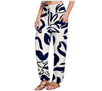 Hose Schwarz Damen Elegant Sweathose Damen Culottes Hosen Damen High Waist Elastische Taille Retro Musterdruck Freizeithose Mit Taschen Tunnelzug Stretch Jogginghose Freizeithose Damen (Dunkelblau Xl)