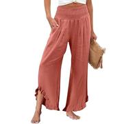 Hosen Damen 7/8 Länge Leinenhose Elegante Boho Palazzo-Hosen High Waist Stoffhose Freizeithose Rüschen Sommer Schlupfhose Weites Bein Strandhose Elastisch Taille Sommerhose mit Taschen (Orange, L)