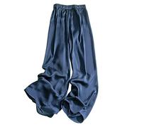 Hosen Damen, Damen-Satinhose Mit Weitem Bein Stilvolle Schlichte Elastische Palazzo-Hose Mit Hoher Taille Elegante Lockere Fließende Culottes-Hose Lässige Leichte Bequeme Sommerhose,Dunkelblau,M