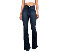 Hosen Damen Sommer Locker, Damen Jeans Stretch High Waist 90Er Jahre Vintage-Jeans Mit Knopfleiste Hoher Taille Ausgestelltem Bein Frauen Hoher Bund Distressed Klassischer Dehnbarer Denim-Schlag