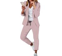 Hosenanzüge für Damen Elegant Business Anzug Set 4-teilig Slim fit Blazer Set Hose Outfit Casual Sportlich Freizeitanzug Mode Revers Longblazer Lang Hosen Tracksuit Baumwolle Einfarbig Streetwear