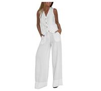 Hosenanzug Damen Elegant,Business Leinen Anzug 2 Teiler Set Ärmellos Blazer Weste und Hosen Hohe Taille Festlich Zweiteiler Damen Sommer Mode Outfits Festlich Anzug Frauen Baumwolle Freizeitanzug