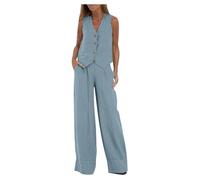 Hosenanzug Damen Elegant,Business Leinen Anzug 2 Teiler Set Ärmellos Blazer Weste und Hosen Hohe Taille Festlich Zweiteiler Damen Sommer Mode Outfits Festlich Anzug Frauen Baumwolle Freizeitanzug