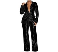 Hosenanzug Damen Festlich Elegant Curvy Pailletten Anzug Zweiteiliger Blazer und Hose Business Hosenanzüge für Frauen Slim Fit Streetwear Damenanzug 2 Stück Set Festlich Pailletten Sets Freizeitanzug