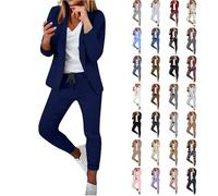 Hosenanzug Damen Festlich Elegant Einfarbig/Kariert Blazer Zweiteiler Set Revers Langarm 2pc Anzug Outfit Schlank Anzugjacke und Hose mit Elastischer Taille Bequem Business Jacke Discounter