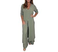 Hosenanzug Damen Lässiger 2-Teiler Anzug Mit Langem Chiffon Top & Passender Hose, 2-teiliges Damen-Outfit Mit V-Ausschnitt, Geschlitztem Saum, Langer Bluse Und Hose Mit Weitem Bein (Green, XXXL)