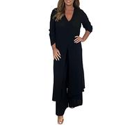 Hosenanzug Damen Lässiger 2-Teiler Anzug Mit Langem Chiffon Top & Passender Hose, 2-teiliges Damen-Outfit Mit V-Ausschnitt, Geschlitztem Saum, Langer Bluse Und Hose Mit Weitem Bein (Black, XXXXXL)