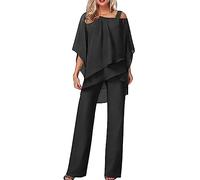 Hosenanzug Damen Tüll Abendanzug Sets Zweiteiler Chiffon Shirt Und Hohe Taille 2-Teiliges Set Outfit Cocktail Festlich Hosenanzug Elegant Vintage Große Größen (Black, XXL)