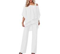 Hosenanzug Damen Tüll Abendanzug Sets Zweiteiler Chiffon Shirt Und Hohe Taille 2-Teiliges Set Outfit Cocktail Festlich Hosenanzug Elegant Vintage Große Größen (White, L)