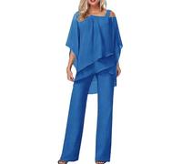 Hosenanzug Damen Tüll Abendanzug Sets Zweiteiler Chiffon Shirt Und Hohe Taille 2-Teiliges Set Outfit Cocktail Festlich Hosenanzug Elegant Vintage Große Größen (Blue, M)