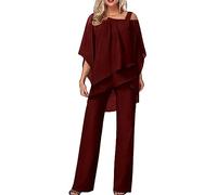 Hosenanzug Damen Tüll Abendanzug Sets Zweiteiler Chiffon Shirt Und Hohe Taille 2-Teiliges Set Outfit Cocktail Festlich Hosenanzug Elegant Vintage Große Größen (Red, XL)