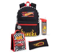 Hot Wheels Jungen Rucksack Set | Kinder 4-teiliges schwarzes Rucksack-Bundle mit Schulranzen, Federmäppchen, Lunchtasche und Wasserflasche | Fire Finish Line Grafik Komplettes Matching-Set