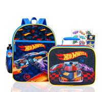 Hot Wheels Rucksack mit Lunchbox für Jungen - Bündel mit 40,6 cm Rennwagen-Rucksack, Lunchbox, Wasserflasche, Tattoos, mehr | Hot Wheels Schultasche für Kinder
