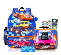 Hot Wheels Rucksack mit Lunchbox Set für Jungen Schulpaket + mehr | 40,6 cm große, langlebige Hot Wheels Büchertasche mit isolierter Lunchbox plus Wasserflasche, Tattoos