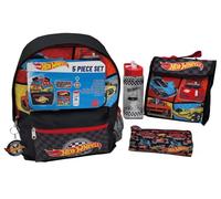 Hot Wheels Rucksack Set für Jungen - 5-teiliges Schulranzen-Set mit Lunchtasche, Wasserflasche, Federmäppchen & Schlüsselanhänger Jungen Rucksack und Lunchtasche Set, Kinder Schultasche Geschenke