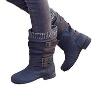 Hotberry Damen Halbhohe Stiefel Vintage Cowboystiefel mit Schnalle für Damen Winterstiefel Schlupfstiefel Rutschfest Mittelstiefel Biker Boots Rundkopf Dicker Absatz Gerade Wolle Langstiefel
