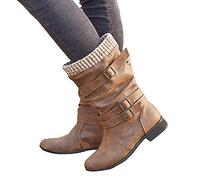 Hotberry Damen Halbhohe Stiefel Vintage Cowboystiefel mit Schnalle für Damen Winterstiefel Schlupfstiefel Rutschfest Mittelstiefel Biker Boots Rundkopf Dicker Absatz Gerade Wolle Langstiefel