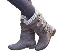 Hotberry Damen Halbhohe Stiefel Vintage Cowboystiefel mit Schnalle für Damen Winterstiefel Schlupfstiefel Rutschfest Mittelstiefel Biker Boots Rundkopf Dicker Absatz Gerade Wolle Langstiefel