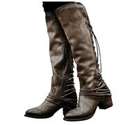 Hotberry Damen Hohe Stiefel Klassische Retro Overknee-Stiefel mit Dicken Absätzen Schnürstiefeln Einfarbige Stiefel Bequeme Western Cowboystiefel rutschfest Schneestiefel Reitstiefel für Frauen