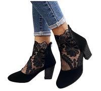 Hotberry Damen Kurzschaft Stiefel Stiefeletten Modisch Booties mit Hoher Absatz Netzgarn Atmungsaktive Knöchelstiefel Rutschfest Ankle Boots Bootie aus Leder Reißverschluss Winter Stiefel