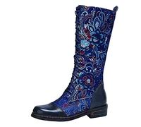 Hotberry Damen Schneestiefel Vintage Bestickte Blumen Cowboy Stiefel Westernstiefel Rutschfest Schlupfstiefel Comfort Halbhoch Stiefel für Frauen Winterstiefel Ritterstiefel Kampfstiefel, Blau, 38 EU