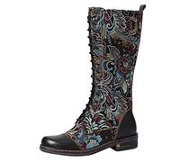 Hotberry Damen Schneestiefel Vintage Bestickte Blumen Cowboy Stiefel Westernstiefel Rutschfest Schlupfstiefel Comfort Halbhoch Stiefel für Frauen Winterstiefel Ritterstiefel Kampfstiefel