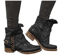 Hotberry Damen Stiefeletten Ankle Boots Retro Western Cowboy Stiefel Lederstiefel Halbschaft Low Heel Schlupfstiefel Kurze Frauen Herbst Winter Komfort Schnürstiefel Stiefel, Schwarz, (40 EU)