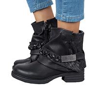 Hotberry Damen Stiefeletten Slip-On Leder Runde Zehe Niedrige Schuhe Cowboy Ritter Stiefel Mode Damen Schlupfstiefel Kurzschaft Stiefel Retro Seitenreißverschluss Ankle Boots Biker Boots für Frauen