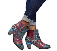 Hotberry Stiefelette Damen Retro Bohemian Kurze Stiefel mit Dicke Absatz Kompfort Leder Wasserdicht Ankle Boots Bootie Frauen Herbst Winter Seitlicher Reißverschluss Knöchelhoch Stiefel