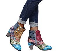 Hotberry Stiefelette Damen Retro Bohemian Kurze Stiefel mit Dicke Absatz Kompfort Leder Wasserdicht Ankle Boots Bootie Frauen Herbst Winter Seitlicher Reißverschluss Knöchelhoch Stiefel