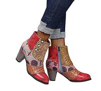 Hotberry Stiefelette Damen Retro Bohemian Kurze Stiefel mit Dicke Absatz Kompfort Leder Wasserdicht Ankle Boots Bootie Frauen Herbst Winter Seitlicher Reißverschluss Knöchelhoch Stiefel
